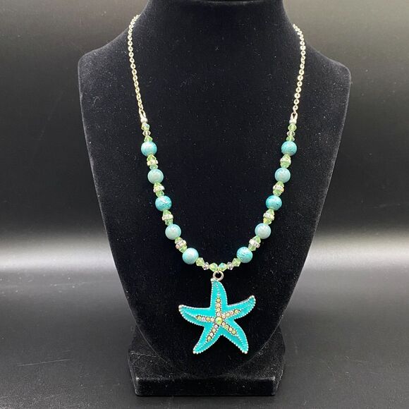 Aqua Starfish Necklace with Crystal & Plastic Beads by Neanie-Bot - Picture 1 of 5